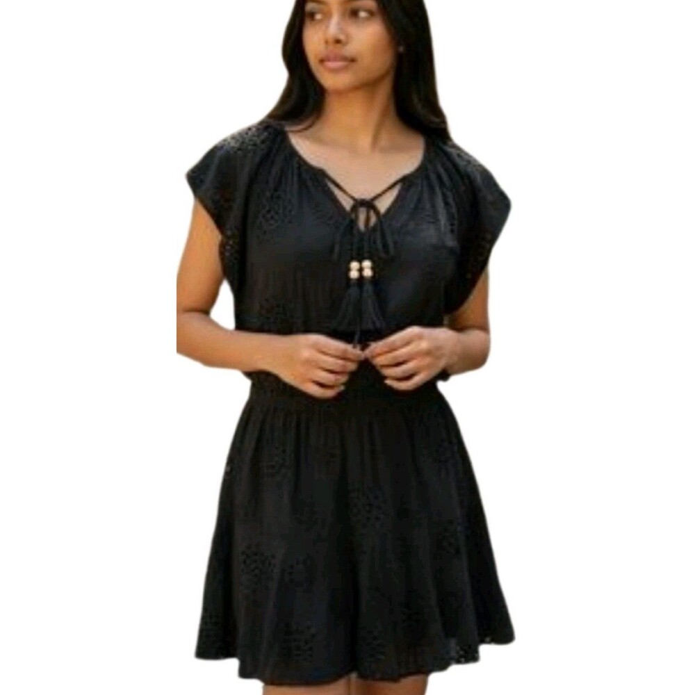 Elan black rayon eyelet tiered flutter sleeve mini dress cover up M